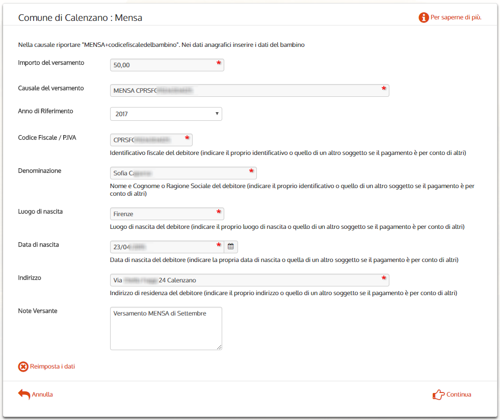  Esempio di una compilazione corretta (alcuni dati sono stati mascherati per problemi di privacy) 
